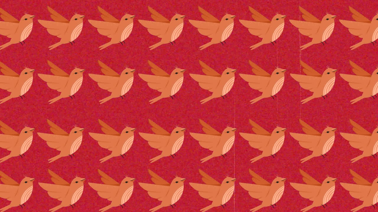 animación de varios pájaros naranjas sobre fondo rojo