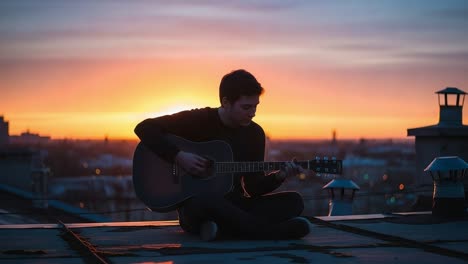 A Serene Guitar Performance at Sunset: A Young Musician Captures Emotions While Playing on a Rooftop, Surrounded by a Breathtaking Evening Skyline