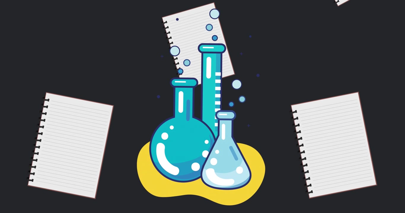 Animation of chemistry and notebooks school icons on black background
