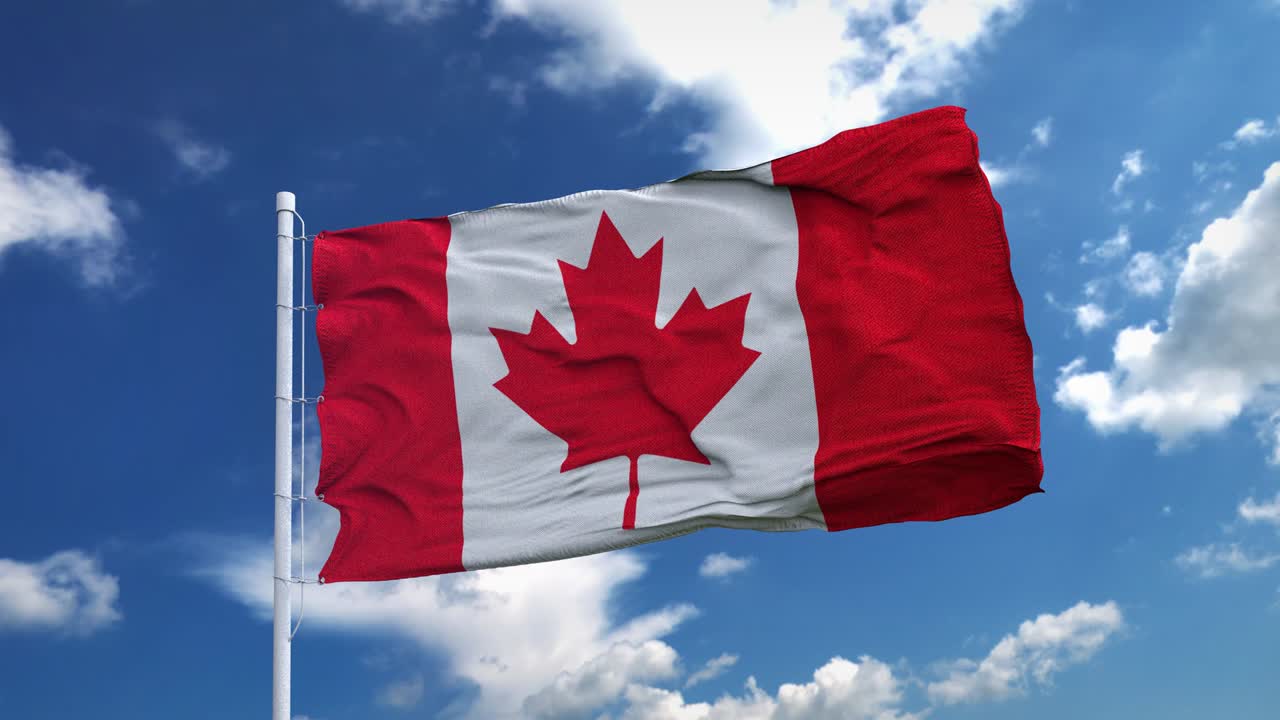 bandera realista de canadá ondeando en el viento contra el cielo azul profundo. bucle sin costuras con textura de tela muy detallada, resolución 4k