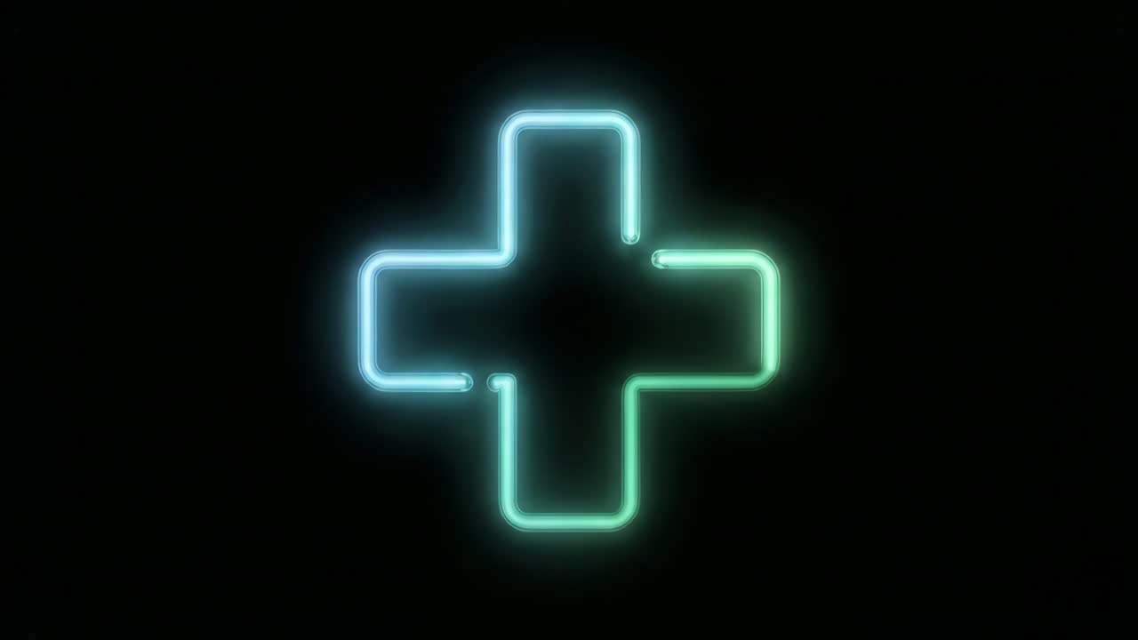 Flickering Blue Green Neon Medical Cross Sign