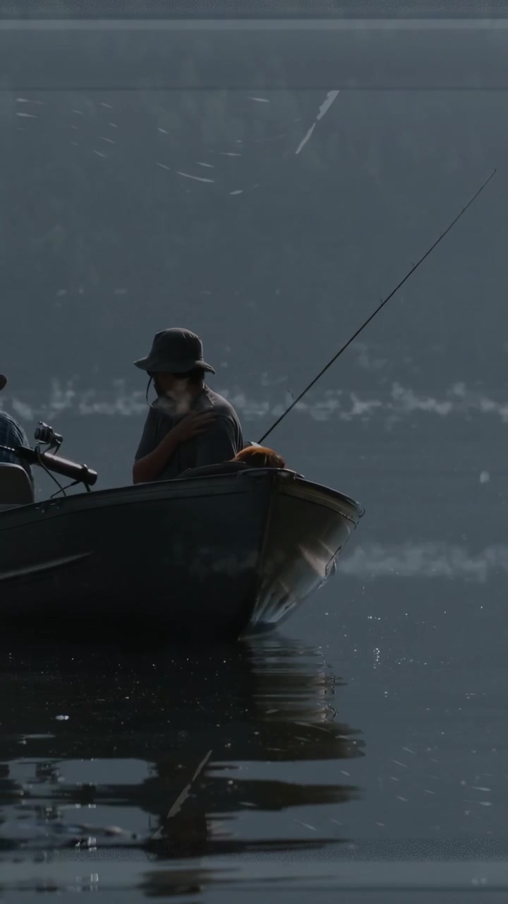 Vertikal video: Mand i stævnen holder fiskestang, mens mand i agterstavnen justerer motor, jolle driver for fiskeri.