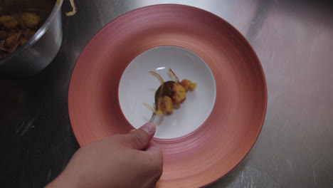 food preparation: pouring chickpeas and onions into a decorative plate