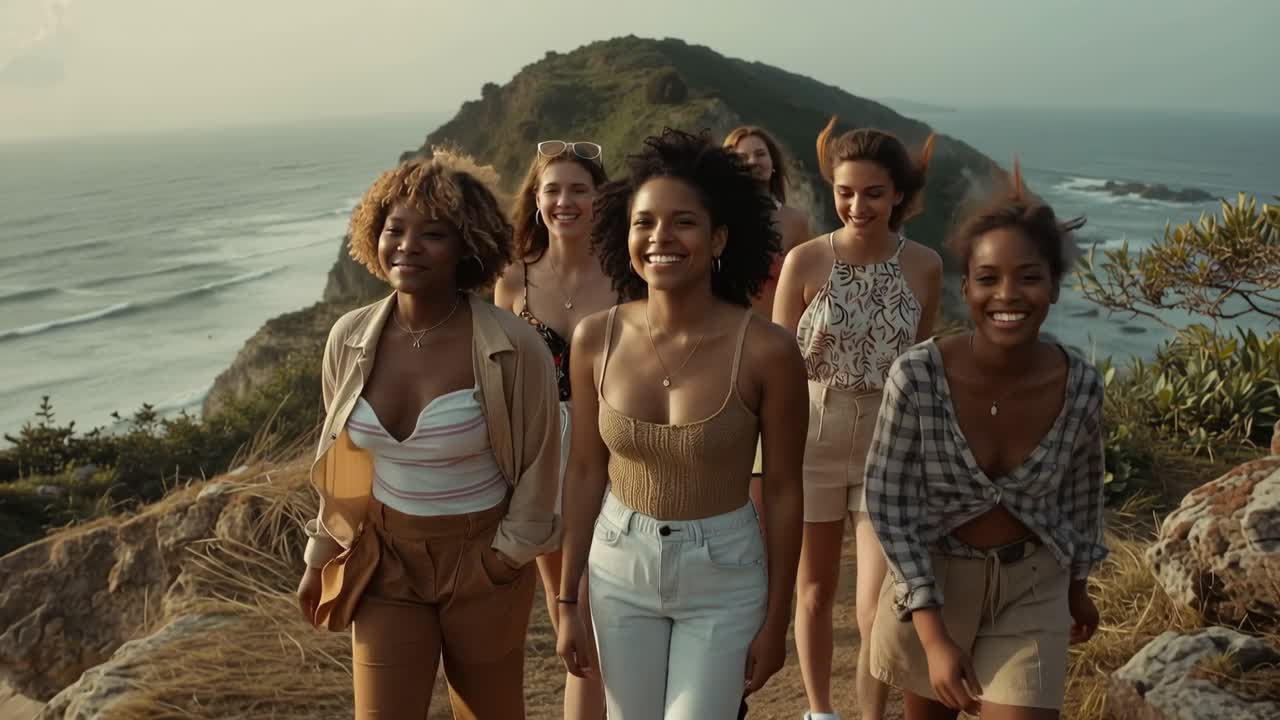 Vídeo vertical: Seis mulheres caminhando, começando a descer o penhasco em direção à câmera juntas, vestindo regatas com bolsa.