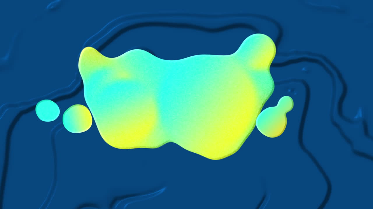 Animation of 3D yellow and blue shapes forming over blue liquid background