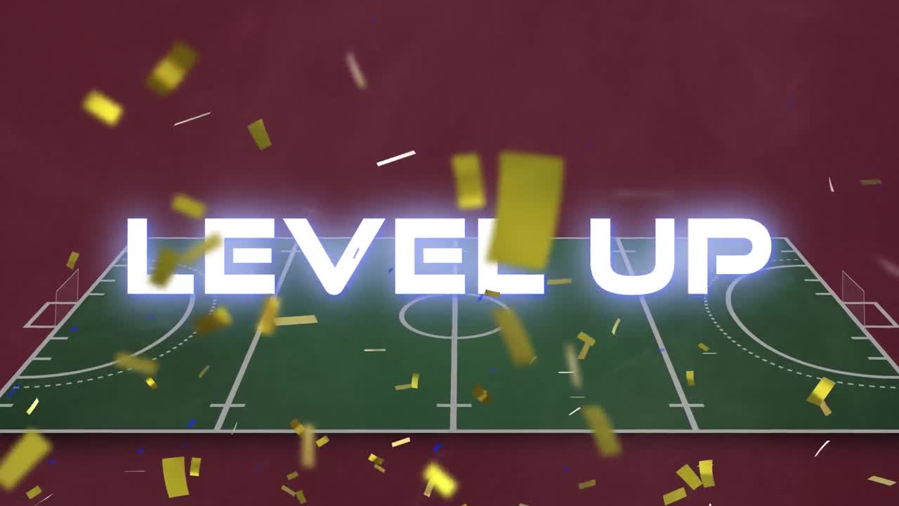 녹색 스포츠 필드 위로 떨어지는 금색 콘페티로  ⁇ 색으로 표시된 단어의 애니메이션