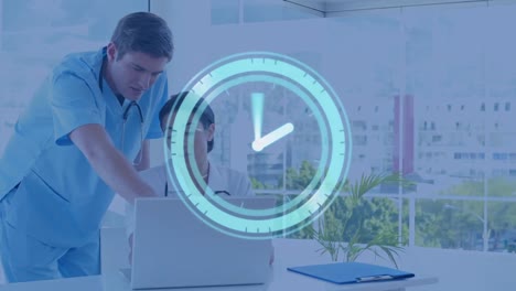 Animation-of-digital-clock-over-doctors-using-laptop