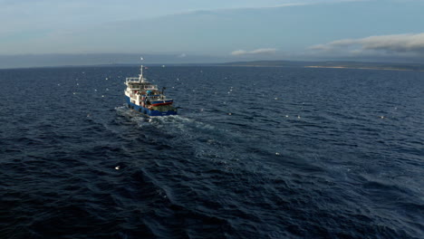 Industrial-Fishing-Boat-Navigating-Back-To-Harbor-With-Seagulls-Flying-Around-At-Adriatic-Sea-In-Rijeka,-Croatia