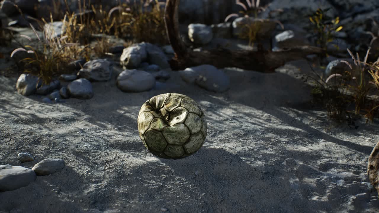 una vieja pelota de fútbol rota arrojada yace en la arena de la playa del mar