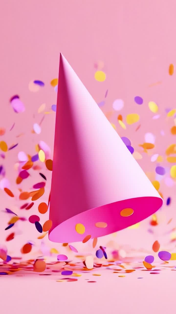 Vibrant Pink Party Hat Surrounded by Colorful Confetti on a Soft Pink Background, Perfect for Celebrations, Birthdays or Festive Events and Gatherings