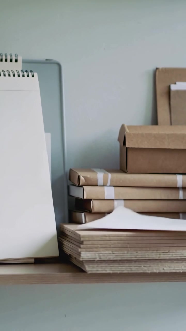 Vertical video: Flipping loose sheet from pad onto kraft packs on shelf near pencil jar, copy space