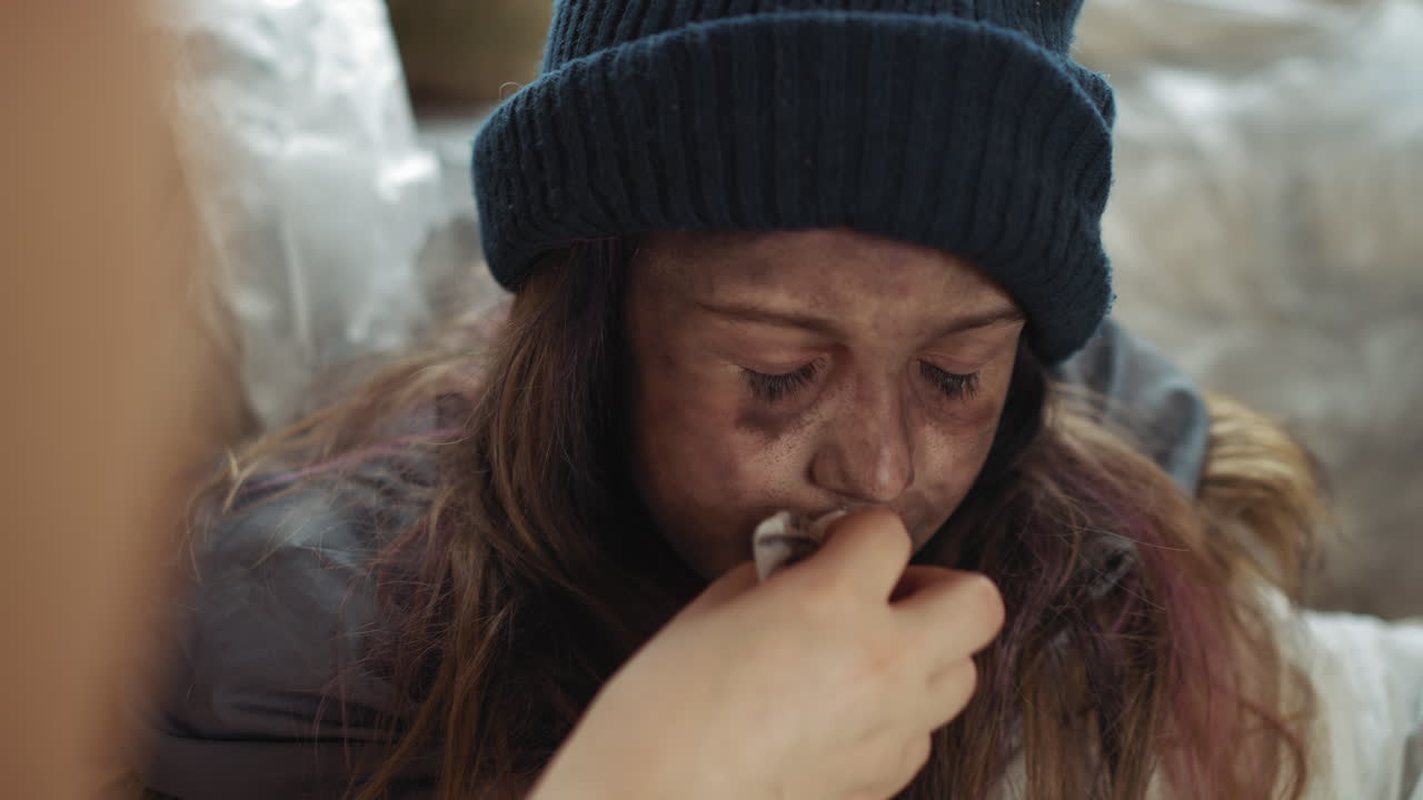더럽고 멍든 얼굴, 감은 눈, 니트 모자를 쓴 길 잃은 아이를 클로즈업하고, 손으로 코를 닦아주며 연민, 질병, 고난, 겨울 추위, 생존 분위기를 전달해요.