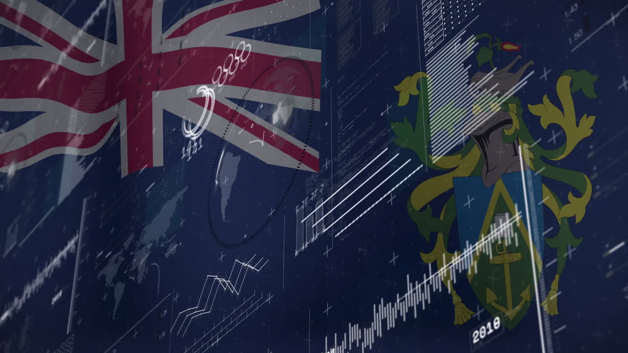 British flag and coat of arms over financial data and graphs animation