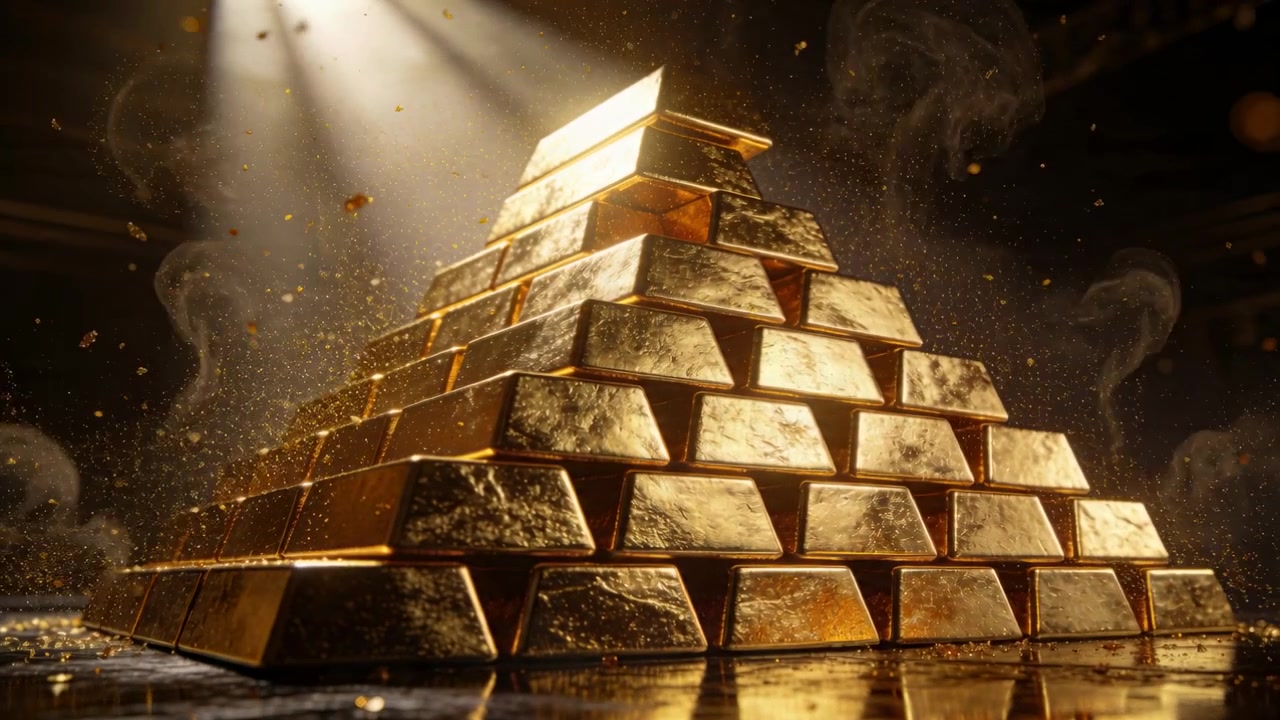 Una mano guantata entra ed estrae una barra d'oro in alto a destra da una piramide in una cripta buia, rilasciando fumo e polvere.