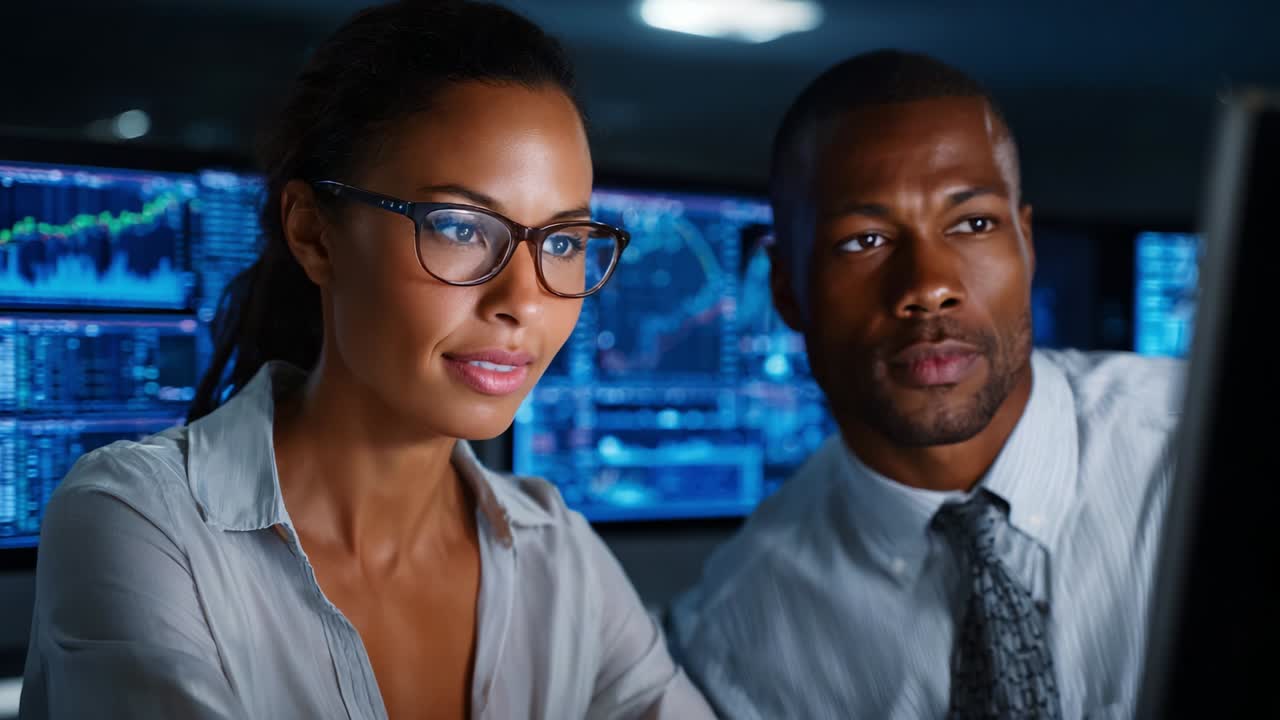 Two professionals collaborate in a high-tech environment, analyzing data on a computer screen surrounded by advanced technology, exemplifying teamwork and innovation in a business setting
