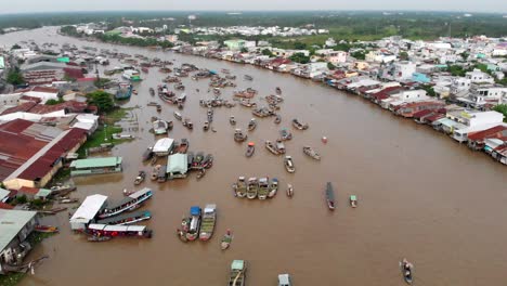 aerial view of the traditional cai rang floating market in can tho city, mekong delta, south vietnam