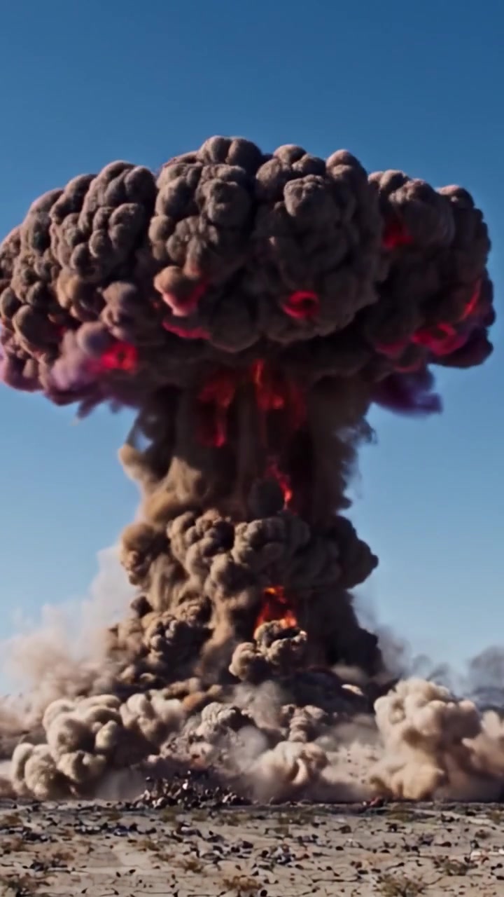 Eine dramatische Bildsequenz, die eine gewaltige Explosion zeigt und die intensive Energie sowie die massive Wolkenbildung hervorhebt, die typisch für großflächige Detonationen sind.