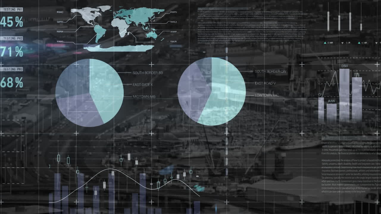 Animation of financial data processing over cityscape