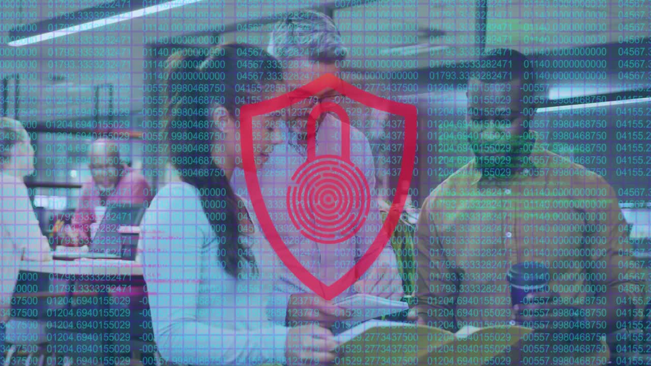 Woman tapping tablet to check security, manager pointing, team studying as shield overlay pulsing