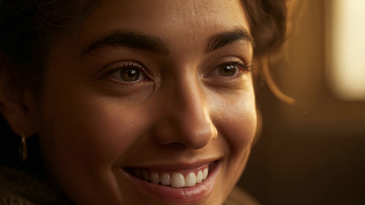 Smiling woman with hoop earring and knit sweater blinking and reacting to warm window light