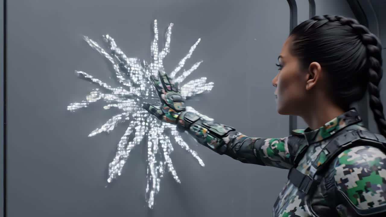 A Woman Approaches a Futuristic Portal