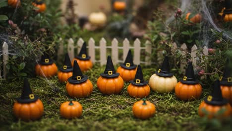 A Charming Halloween Scene Featuring Adorable Pumpkins Wearing Little Witch Hats Set Against a Whimsical Greenery and Fenced Background for a Festive Atmosphere