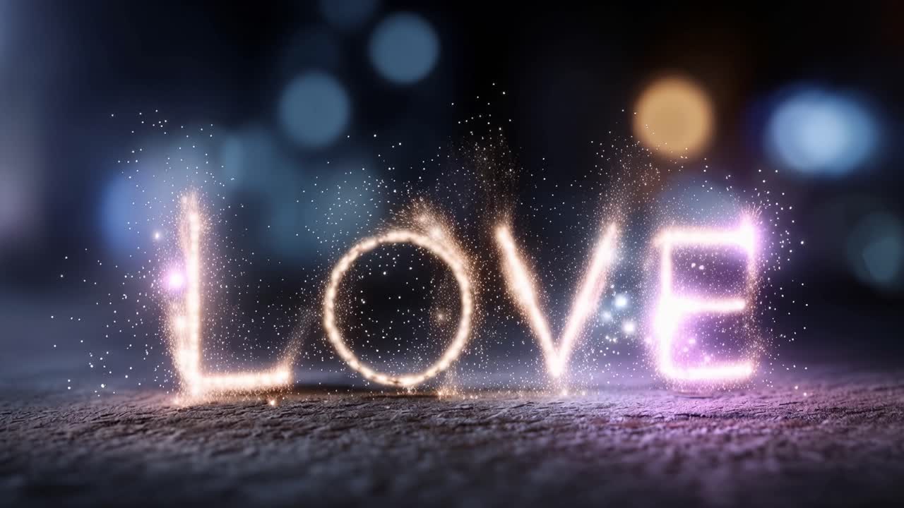 Lettere luminose compongono la parola "amore" su uno sfondo scuro. Particelle fluttuano intorno alla parola, scintillando delicatamente. Lo sfondo bokeh sfuma le luci della città. L'emozione è calda, tenera e piena di speranza.