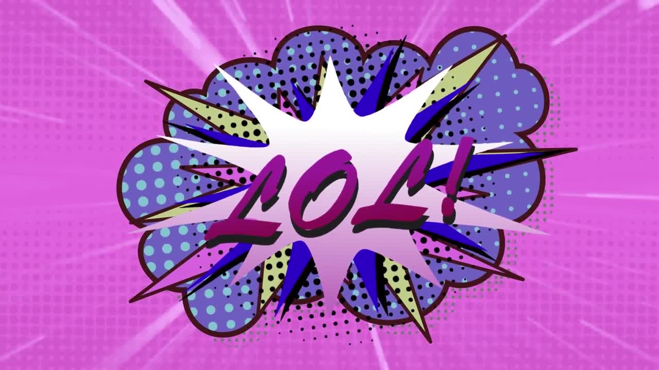 보라색 배경의 빛 트레일에 대한 레트로 음성 거품 위의 lol 텍스트의 애니메이션