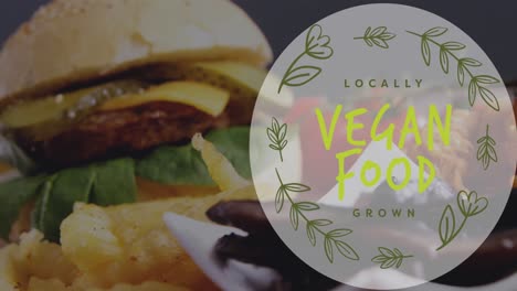 animation of vegan food text over fresh hamburger