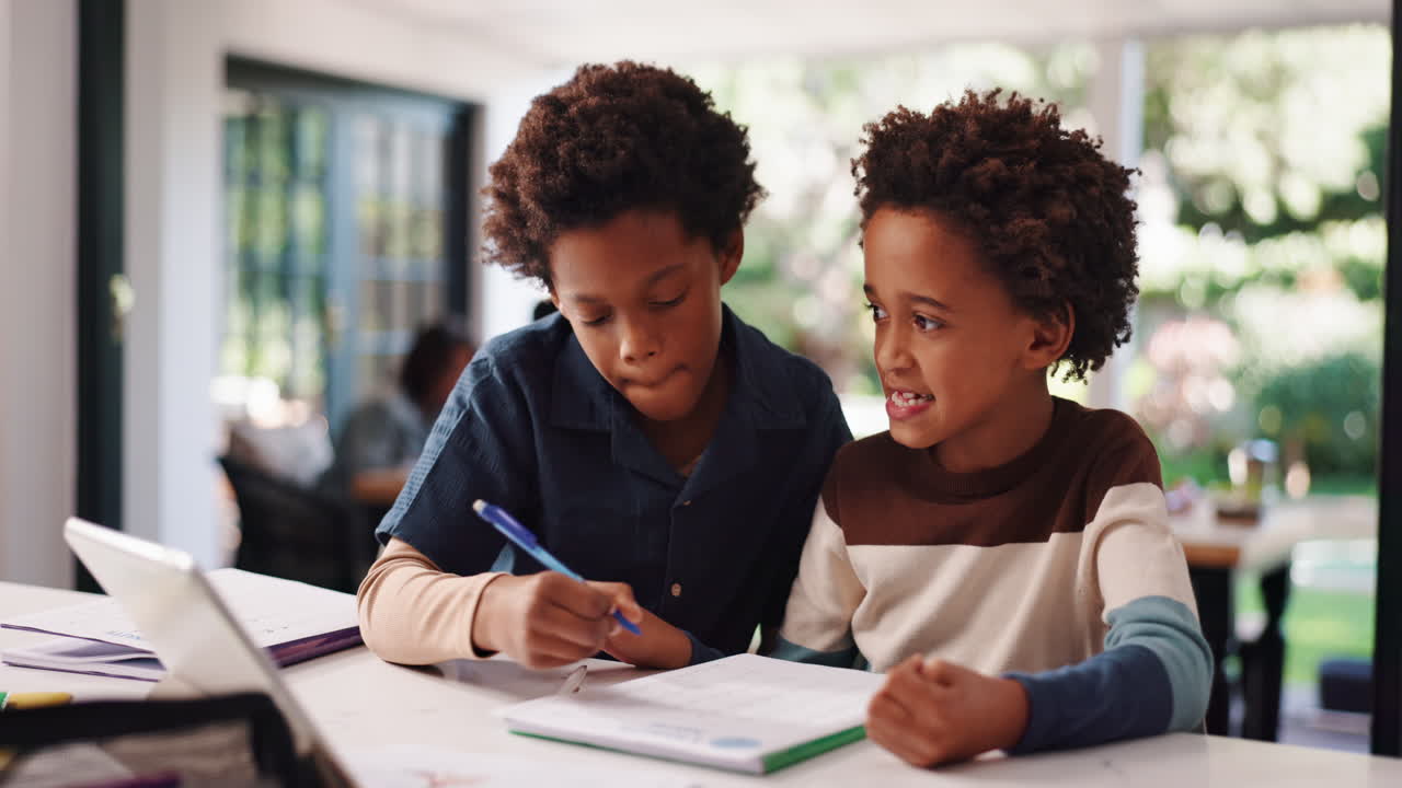 Two African American boys doing homework together