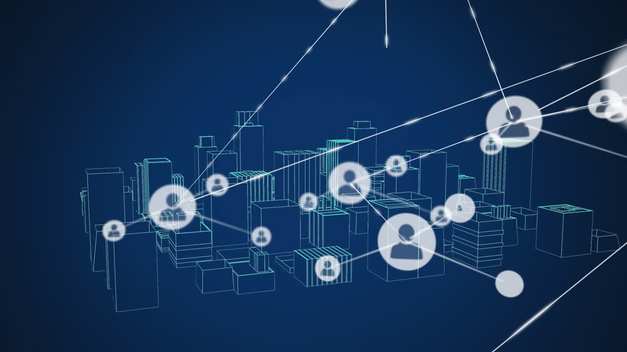 Animation of network of connections with icons over 3d city model
