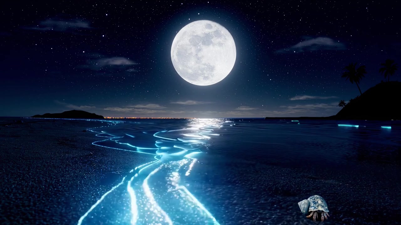Ombak Bioluminesen di Pantai Tropis di Bawah Bulan Purnama pada Malam Hari