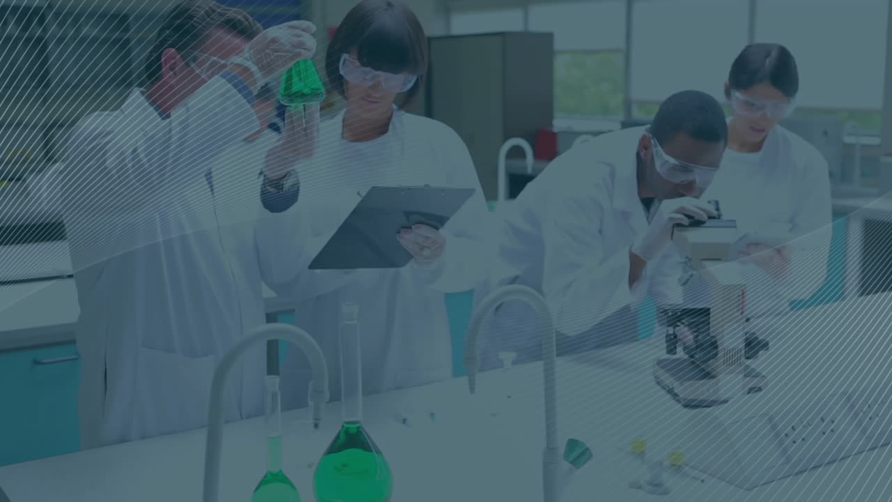 анимация белых линий над различными учеными, исследующими в лаборатории