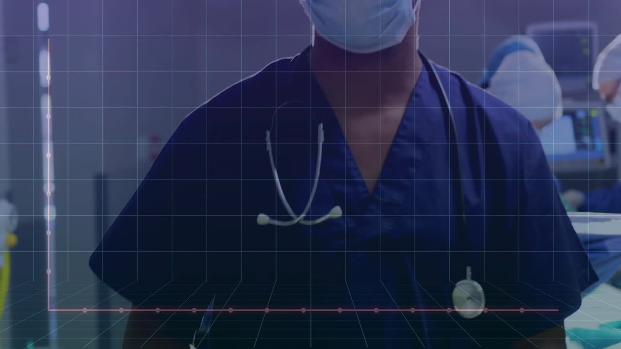 Animation of statistics and data processing over caucasian male surgeon