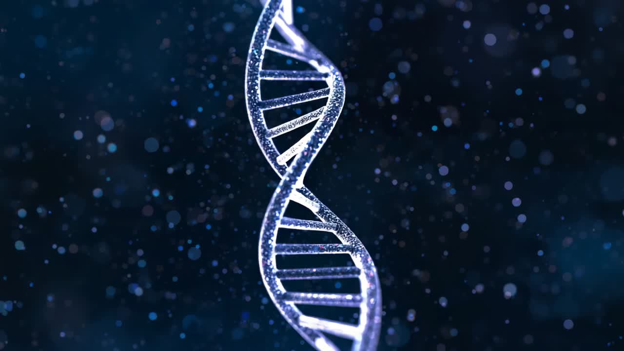 Appearing glowing DNA double helix rotating vertically in navy field, with drifting light particles