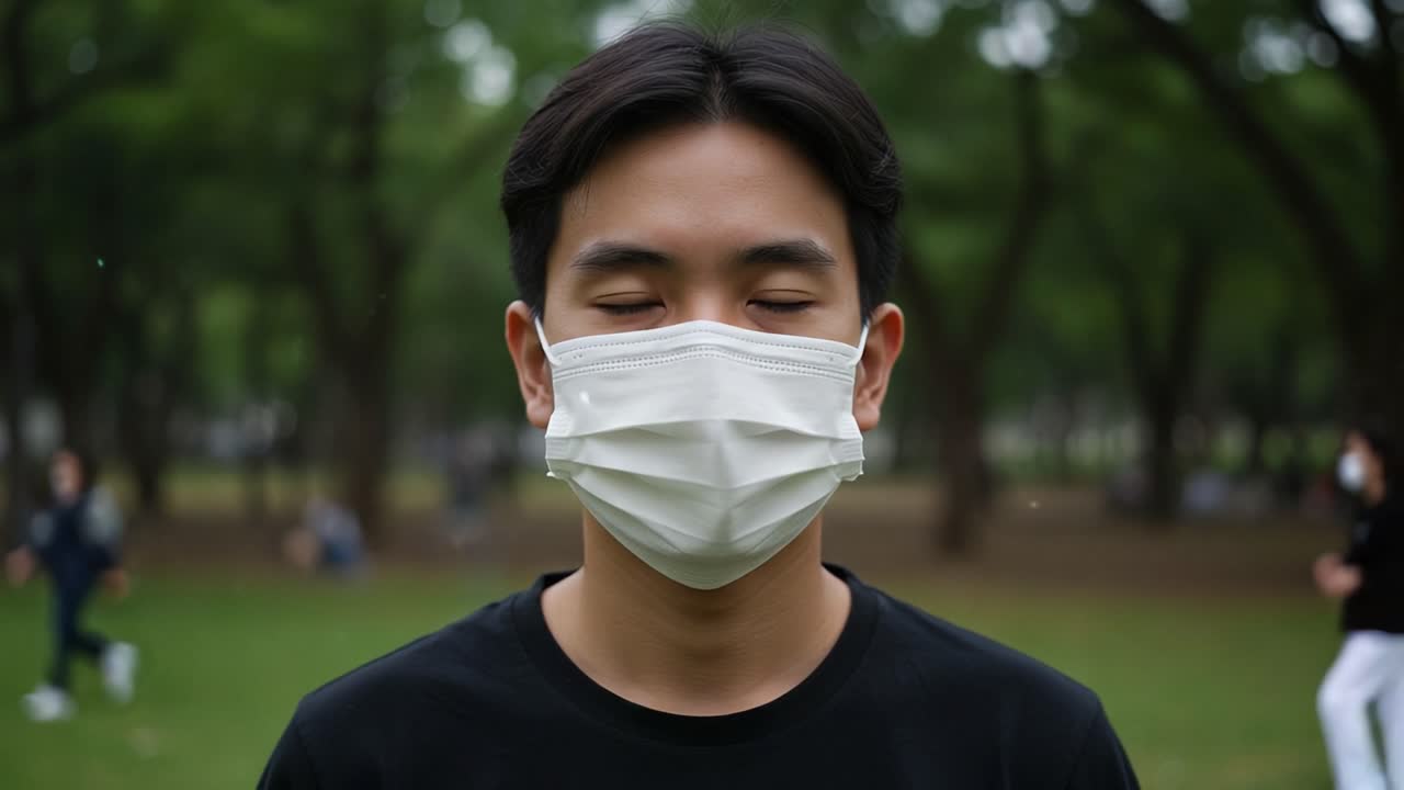 Young person wearing a protective mask in a park setting, showcasing the importance of safety and health amid environmental distractions and activity
