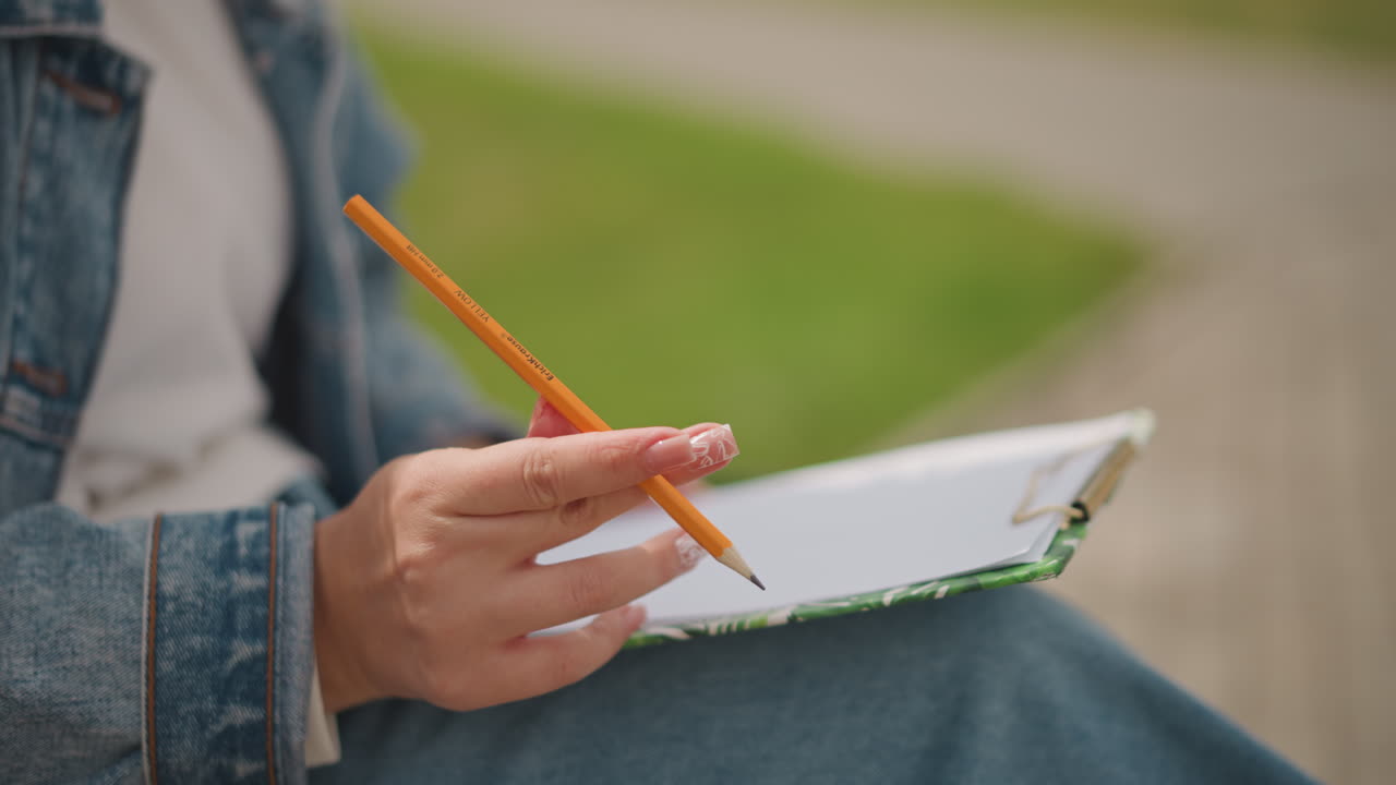 Artista che disegna all'aperto. L'individuo progetta e realizza schizzi intenzionali all'aperto su una panchina. Primo piano delle mani che tengono una matita mentre l'artista si prepara a disegnare su un blocco negli appunti in un ambiente di parco.