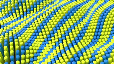 líneas azules amarillas abstractas fondo con cilindros. azulejos cerámicos redondos. patrón de geometría. células aleatorias. superficie poligonal brillante. abstracción futurista. bucle sin costuras animación 3d de 4k