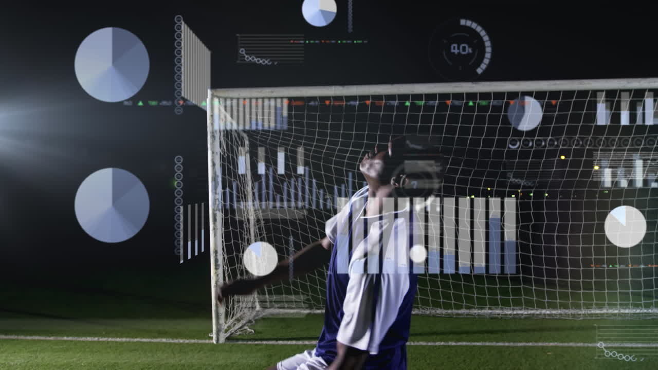 Animation of multiple graphs and computer language over african american player kicking soccer ball