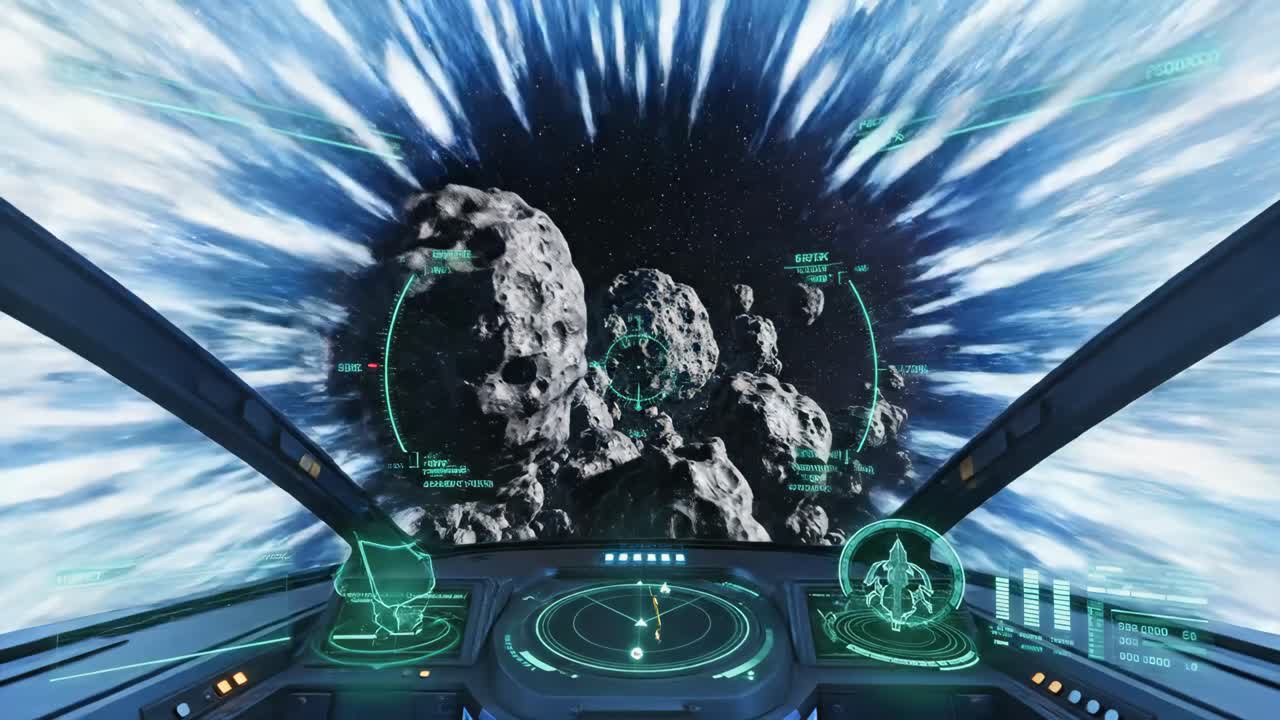 Spaceship Cockpit View Navigating Asteroid Field