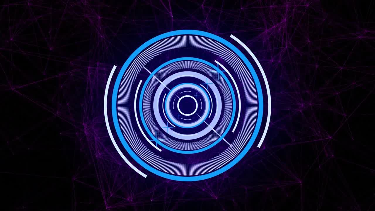 animación de un escáner redondo de neón giratorio y una red de conexiones contra un fondo negro.