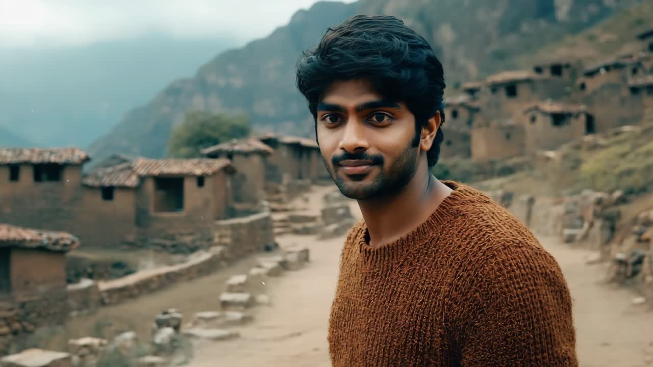 Traveler donning brown sweater observing traditional mountain settlement, surrounded by rustic brick dwellings with weathered terracotta roofs, absorbing tranquil landscape scenery