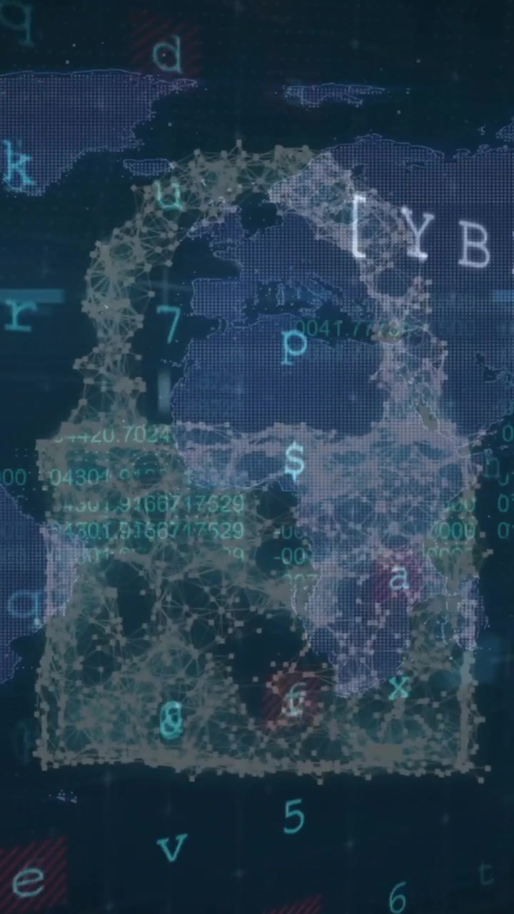 Animação de processamento de dados, avisos de segurança, redes de nuvem e cadeado sobre o mapa-múndi.
