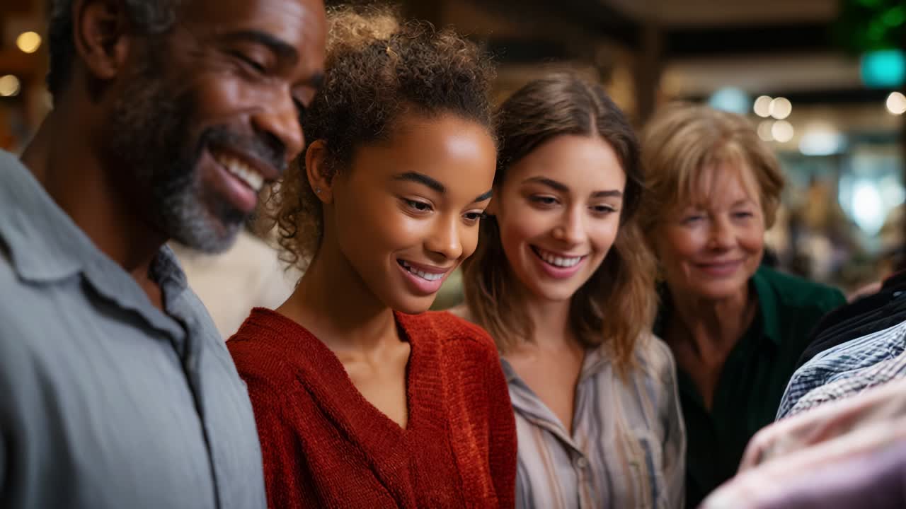 A group of four individuals share a joyful moment as they explore various items together, engaging in light-hearted conversation and showing expressions of happiness and curiosity in a vibrant setting