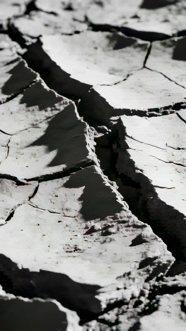 Vertical video: Panning camera revealing ridge of cracked soil on lakebed, showing fissures