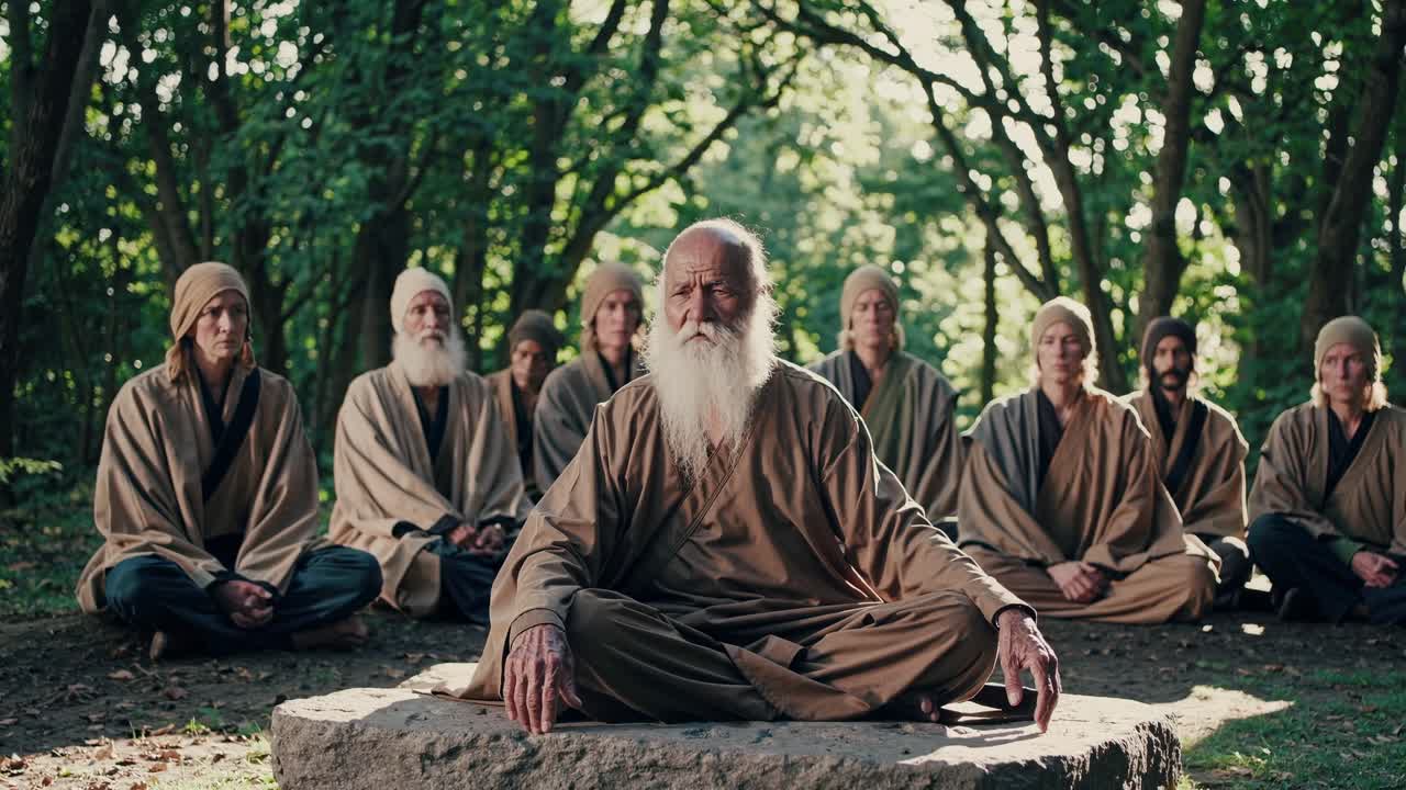 A serene video scene of a wise elder meditating in a forest, surrounded by followers
