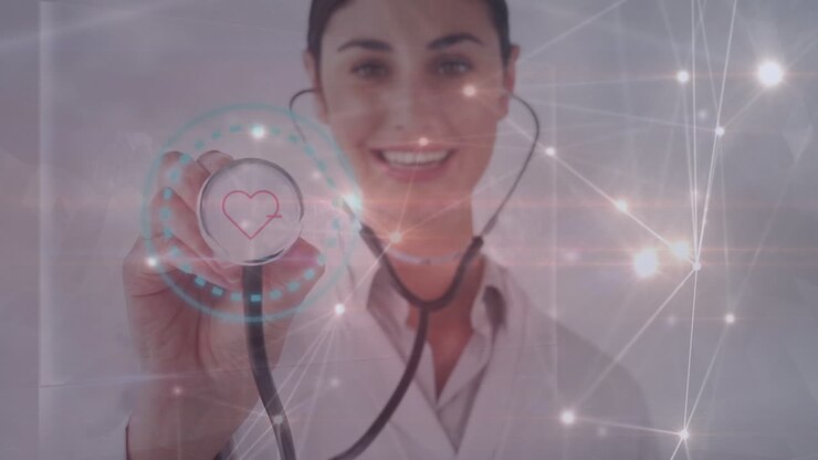 Animación de red de conexiones sobre doctora caucásica sonriendo