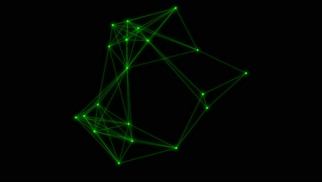 Green-network-connections-appearing,-vertical-and-horizontal-lines,-dots-connecting-with-lines,-network-rotating-slowly-on-black-background