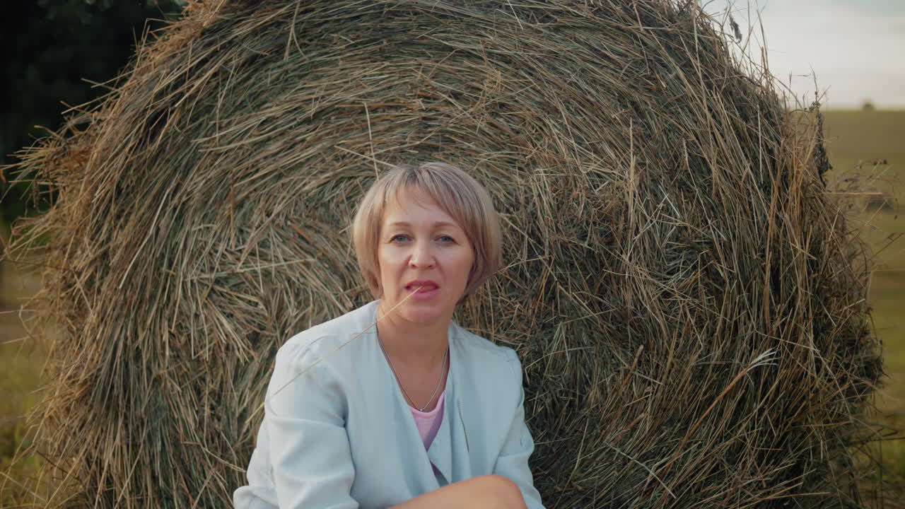 женщина в синем пиджаке сидит на сено, держа сухую палку во рту, позирует с рукой над коленом, мирная сельская обстановка с теплыми естественными тонами захватывает сельскую расслабленность и простоту