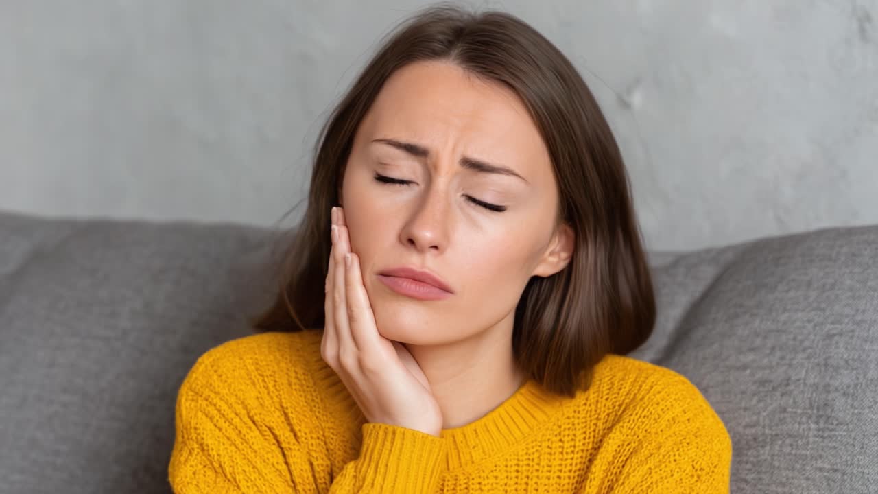 A woman sitting on a couch, wearing a cozy yellow sweater, displays concern on her face as she thoughtfully touches her cheek, reflecting a moment of worry or distress